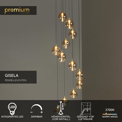 Lucide GISELA - Pendelleuchten - Ø 61 cm - LED Dim. - 12x3,5W 2700K - Geeignet für Lufträume und hohe Decken - Amber | Premium